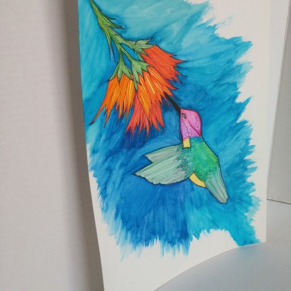 Painting Hummingbird and Flowers Watercolors Ink - Picture 4 of 16